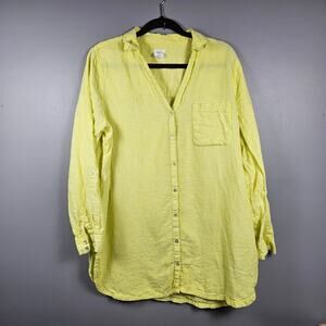 Sigrid Olsen Yellow 100% Linen Button Front Shirt‎ XL Long Sleeve Roll Tab Top